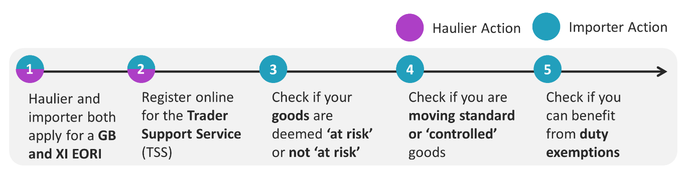 A diagram indicating the process for hauliers and importers to follow to prepare to move goods