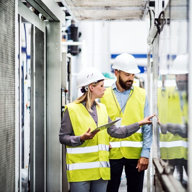 A portrait of an industrial man and woman engineer with tablet in a factory, working. People talking and working in a factory